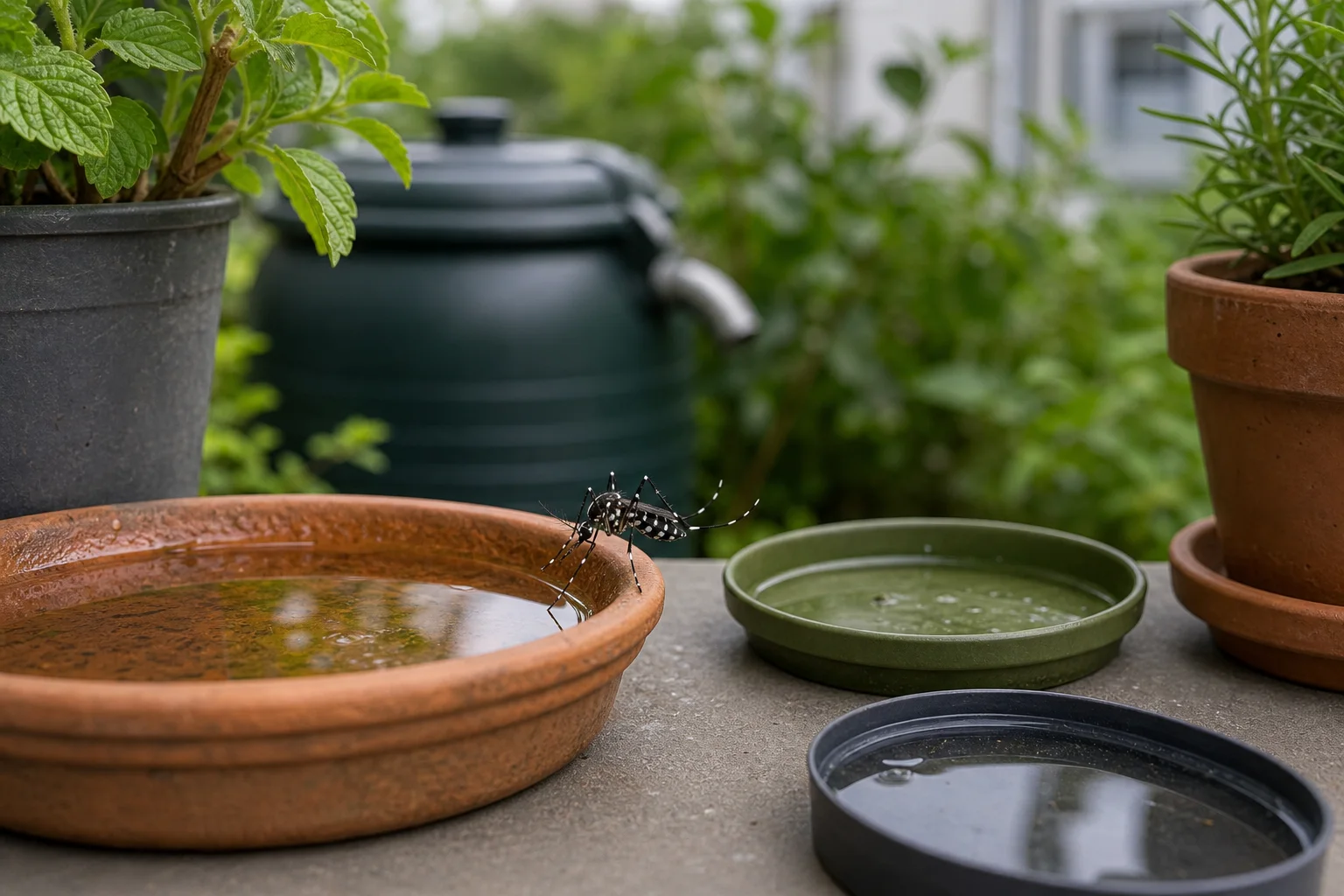 Asiatische Tigermuecke an kleinen stehenden Wasserquellen im Garten