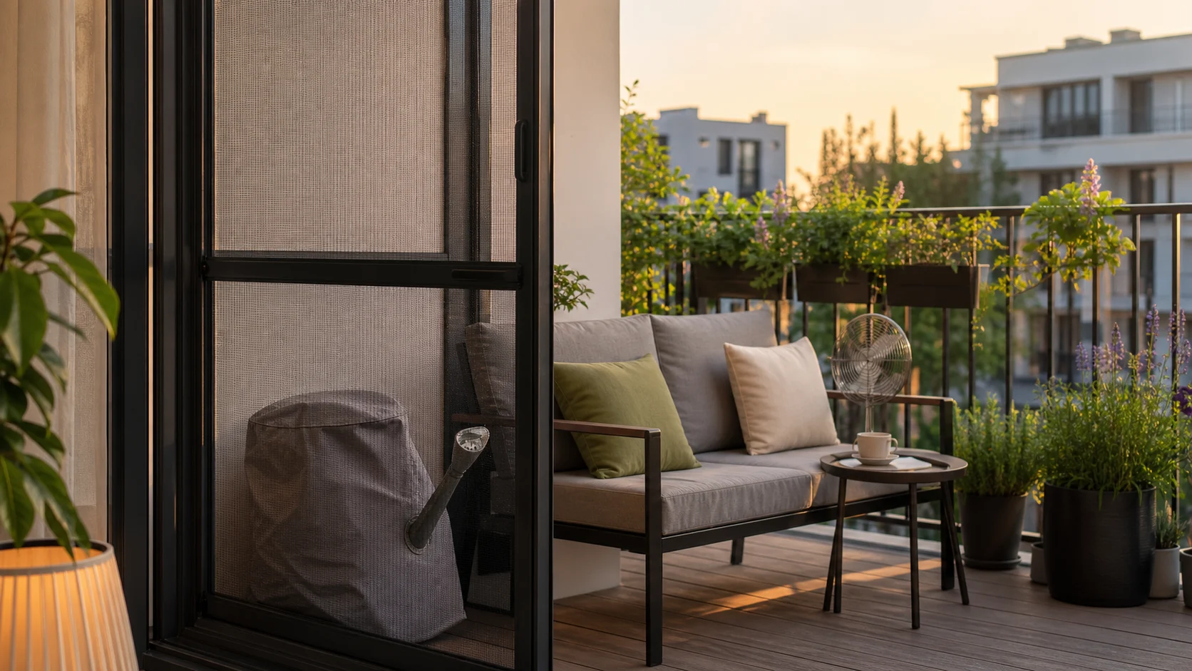 Balkon mit Insektenschutz an der Tuer und praktischen Schutzmassnahmen