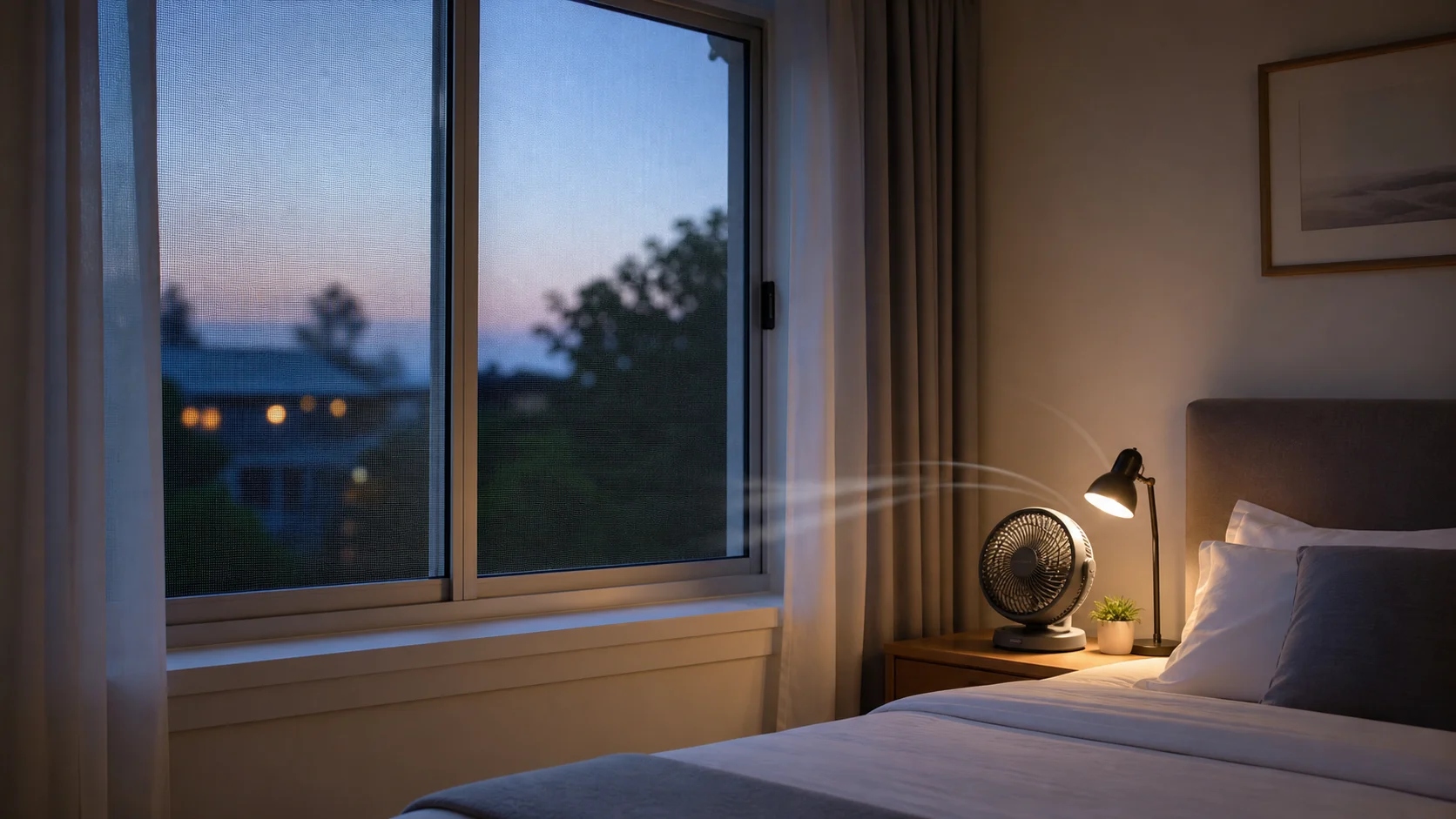 Schlafzimmer mit Insektenschutzgitter und Ventilator