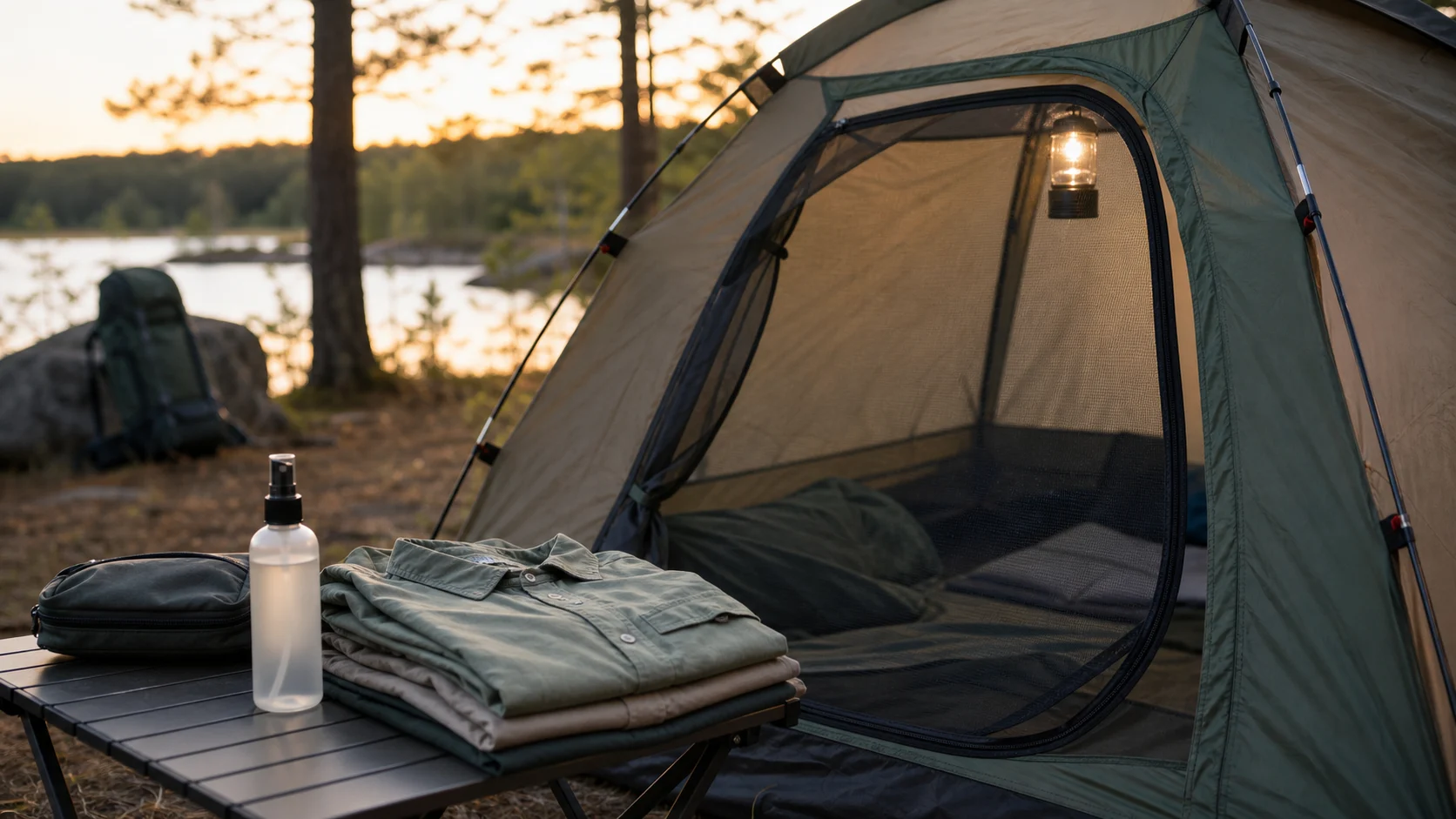 Zelt mit Moskitonetz und unbeschriftetem Schutzmittel beim Camping
