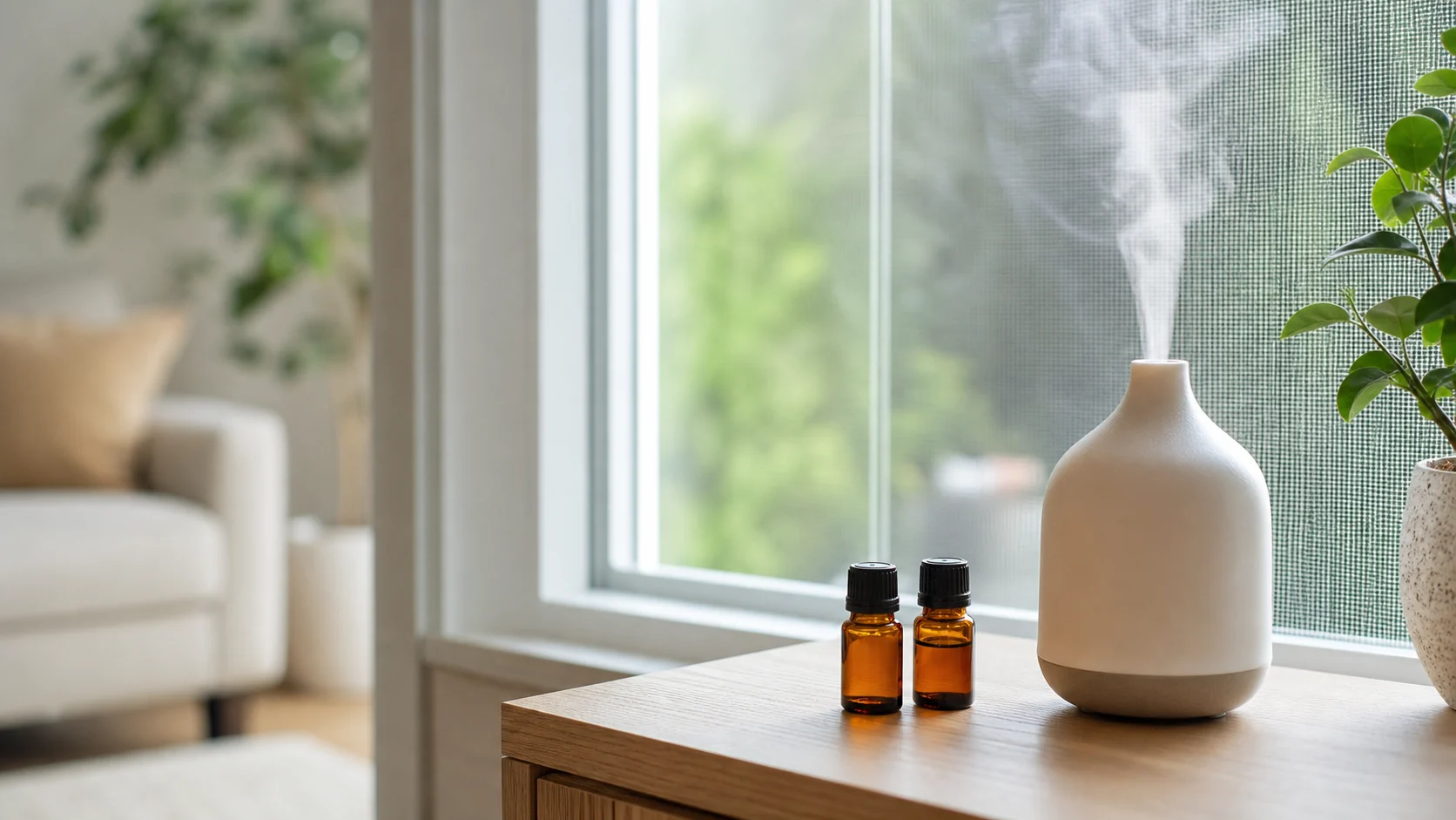 Diffusor und Duftoele am Fenster mit Insektenschutzgitter