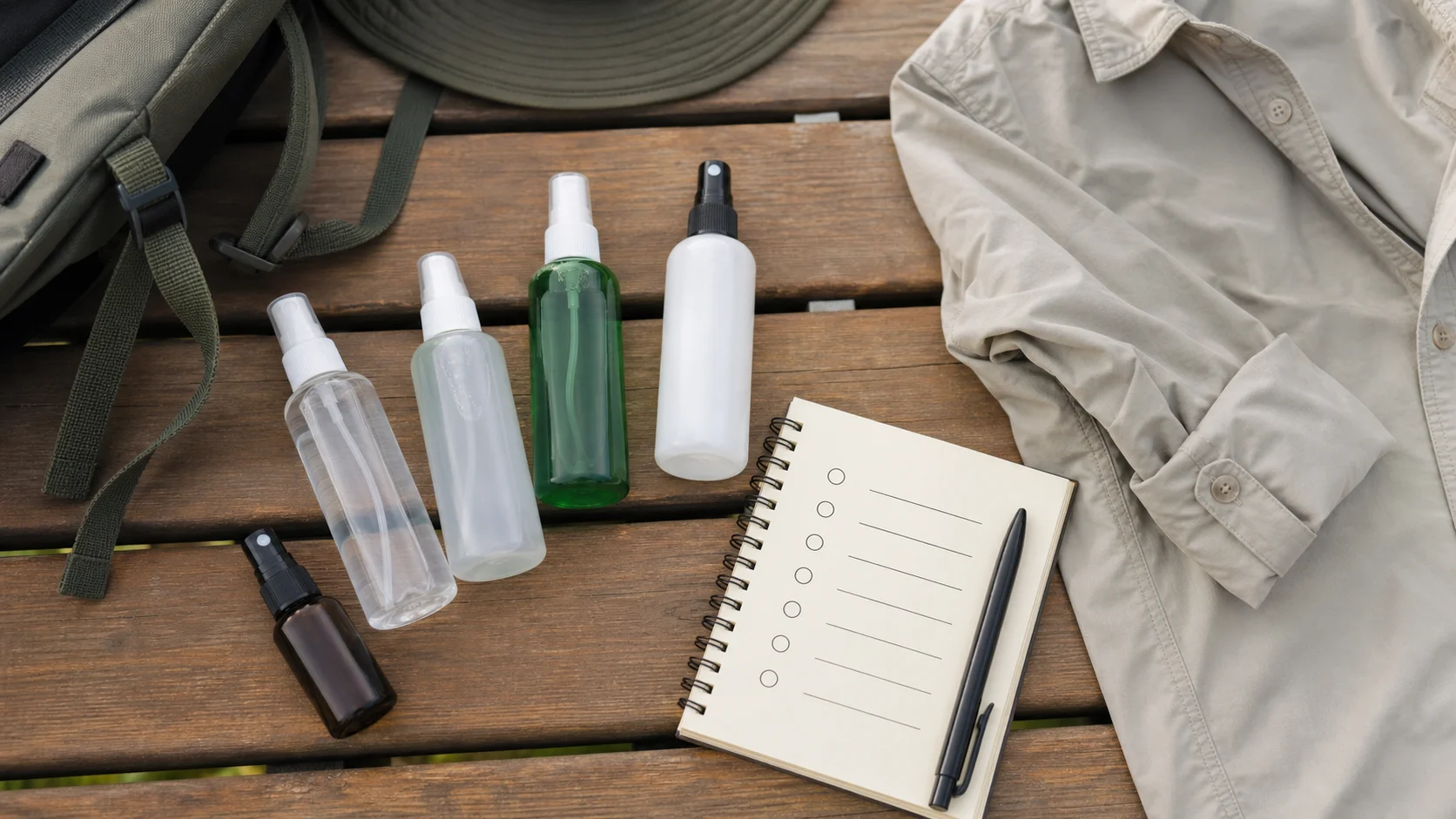 Unbeschriftete Repellent-Flaschen und Kleidung fuer vorsichtige Anwendung