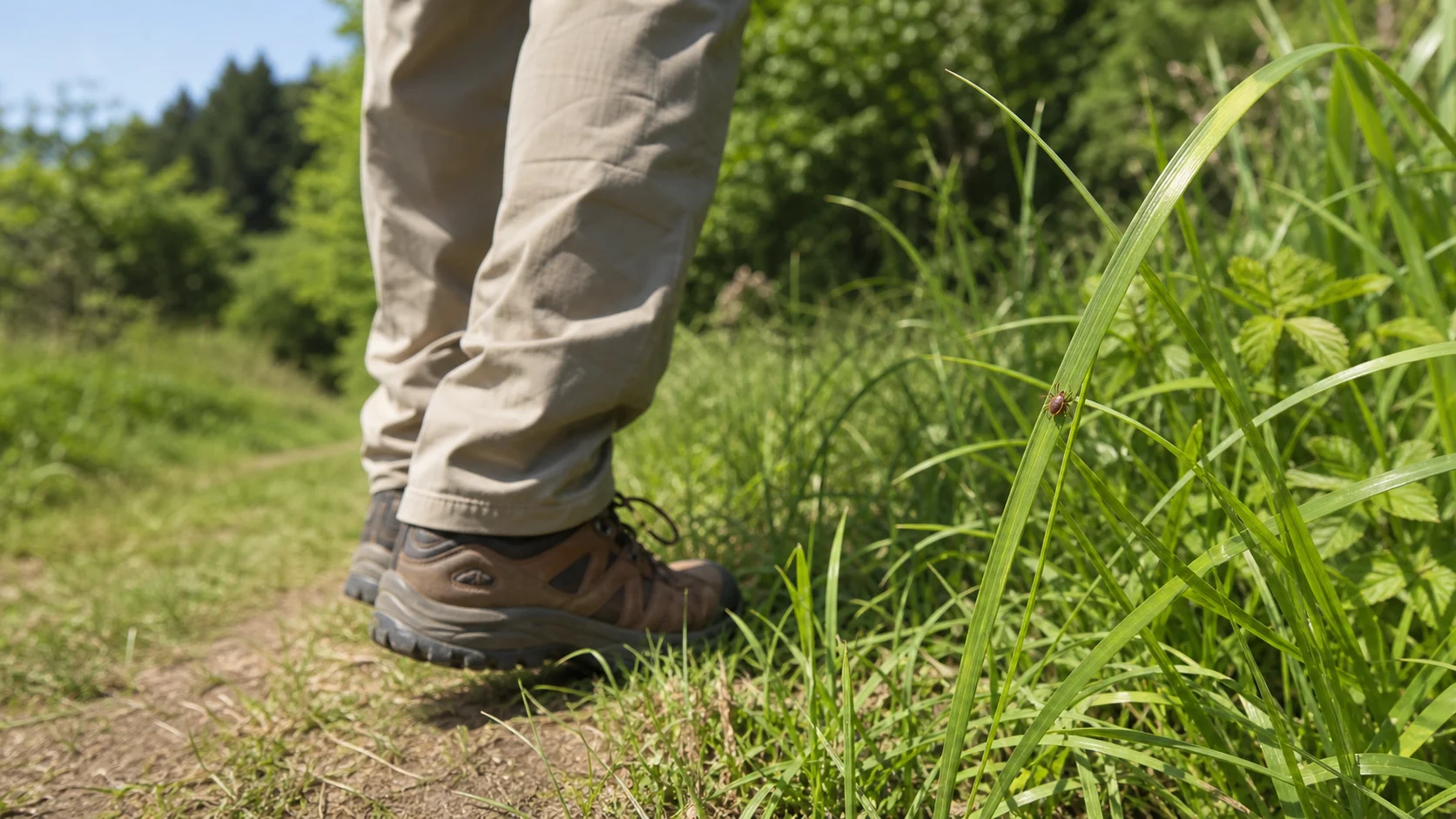 Zecke auf einem Grashalm am Waldrand neben Wanderschuhen
